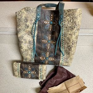 Montana West Large Tote Conceal Carry and Wallet Set - Turquoise, Brown, Cream